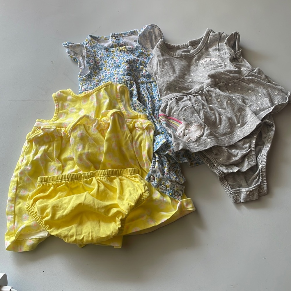 Carter’s three month dresses set  yellow, blue and gray
